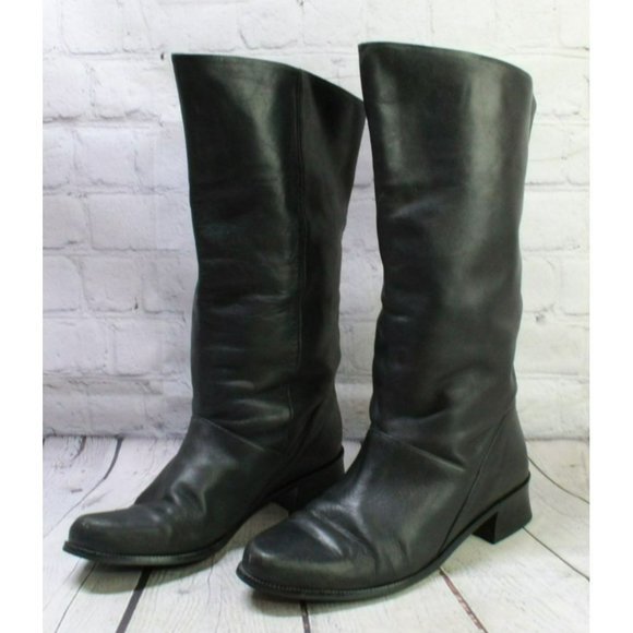 *Markon Black Leather Pull On Almond Toe Mid Calf Boots Size 9 Inches - Picture 2 of 9